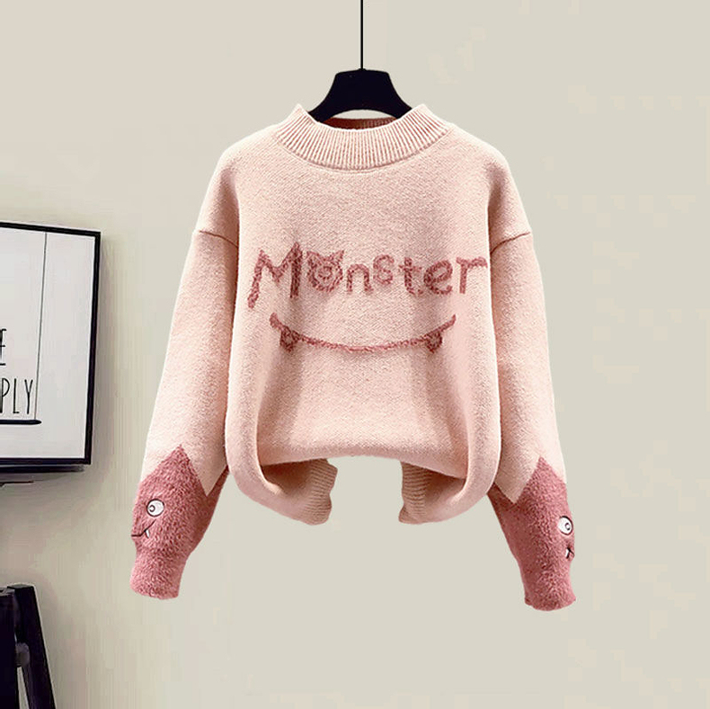 Womens Two Piece Pants Casual Tracksuit Women Monster Letter Printed Knitted Mink Fleece Pullover Sweaters Pants Sets Two Piece Suit Female Plus Size 