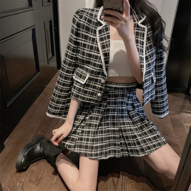Two Piece Dress Chic Plaid 2 Piece Set Cute Turn Down Collar Candigans Jacket Pearls Button Short Coat Women Aline Pleated Skirts 220906