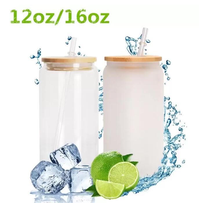 US stock 16oz Sublimation Glass Beer Mugs with Bamboo Lid Straw DIY Blanks Frosted Clear Can Shaped Tumblers Cups Heat Transfer Cocktail Iced Coffee S
