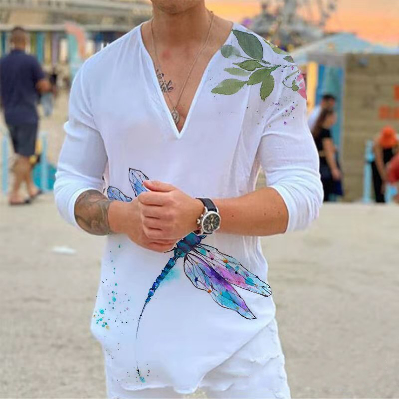 Men's T-Shirts Men T-shirt Long Sleeves Harajuku Tees Animal Printed Sexy V-neck Loose Tshirts Spring Autumn Streetwear Fashion Clothes Tops 2209