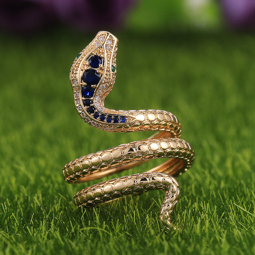 Top Quality Copper Blue Crystal Snake Ring for Men Women Punk Style Rhinestone Bling Gothic Animal Rings Hip Hop Fashion Jewelry