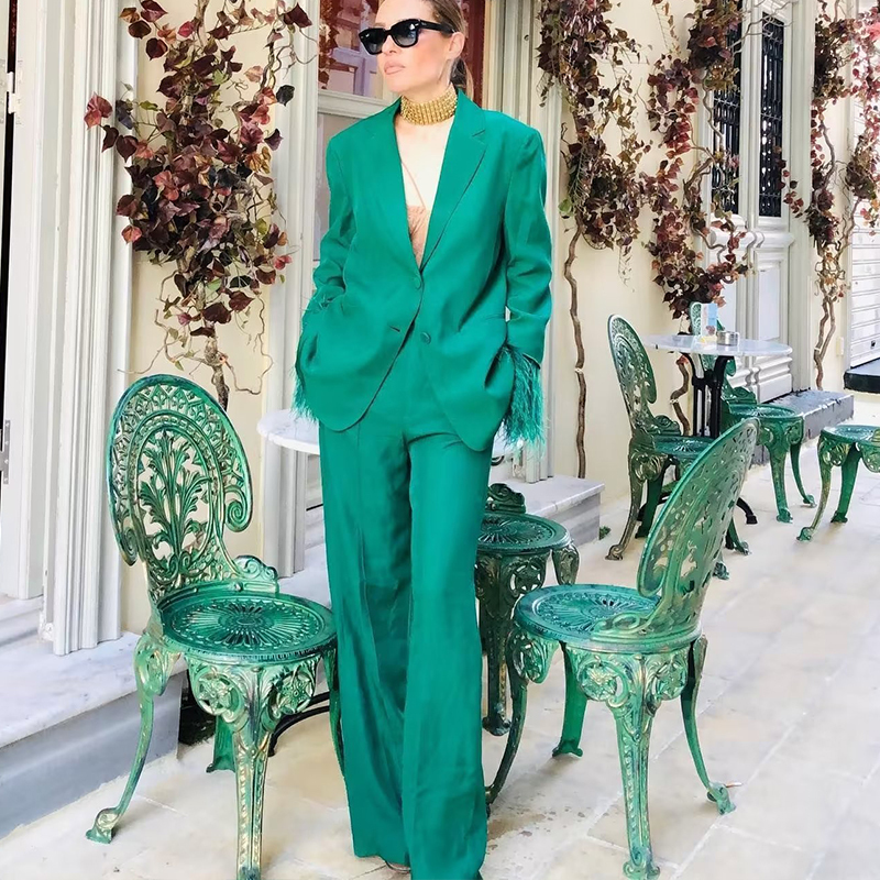 Womens Two Piece Pants WXWT Green Womens Sets Fashion Feathers Long Sleeve Straight Blazer And High Waist Wide Leg Long Pants Autumn BB22949 220906