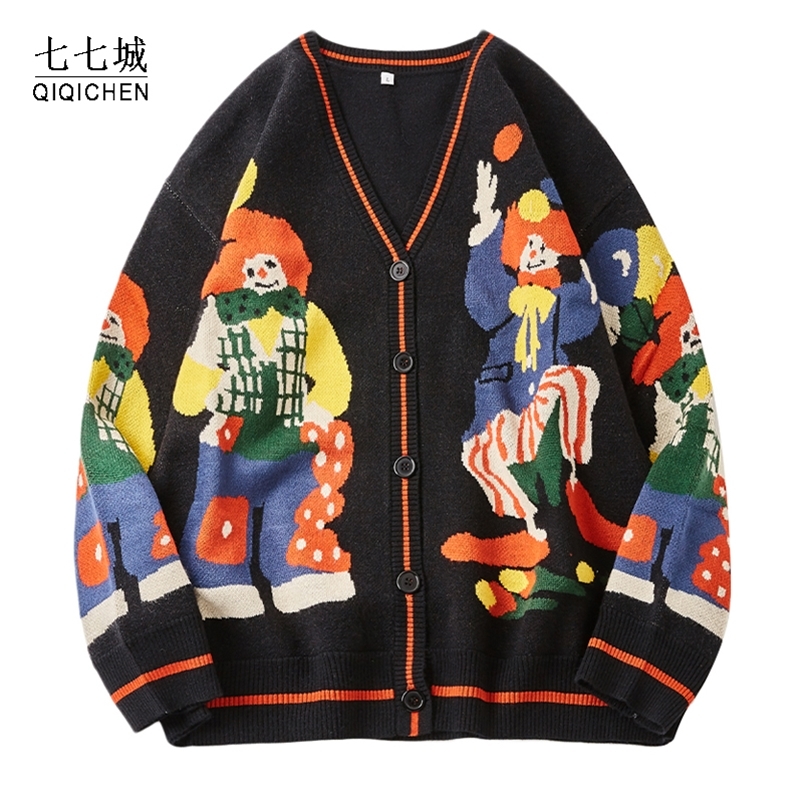 Men's Sweaters Christmas Knitted Sweater Women Cardigan Oversized Streetwear Knit Jumper Funny Clown Print Cotton Men's Harajuku Knit Coats 