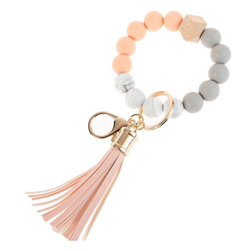 Wholesale Wooden Tassel Bead String Bracelet chain Food Grade Silicone Beads Bracelets Women Girl Key Ring Wrist Strap FY2981