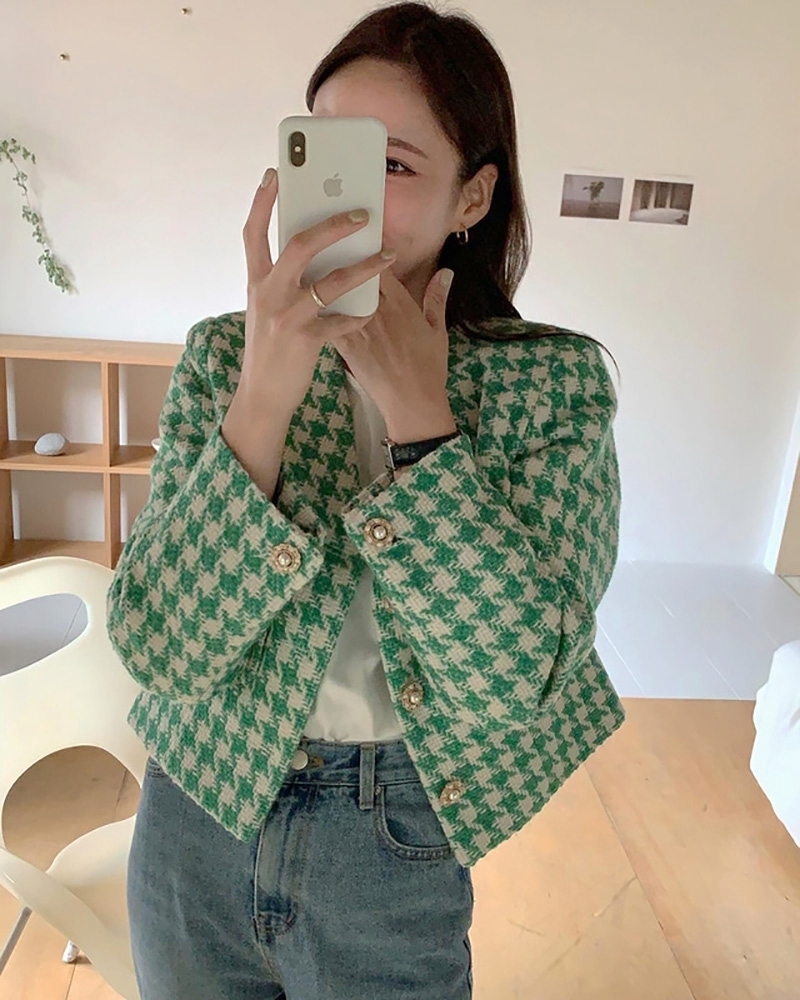 Womens Jackets Korean Casual Plaid Women Jackets Loose Vneck Single Breasted Fashion Houndstooth Fall Jackets Fashion Ladies Coats 220906