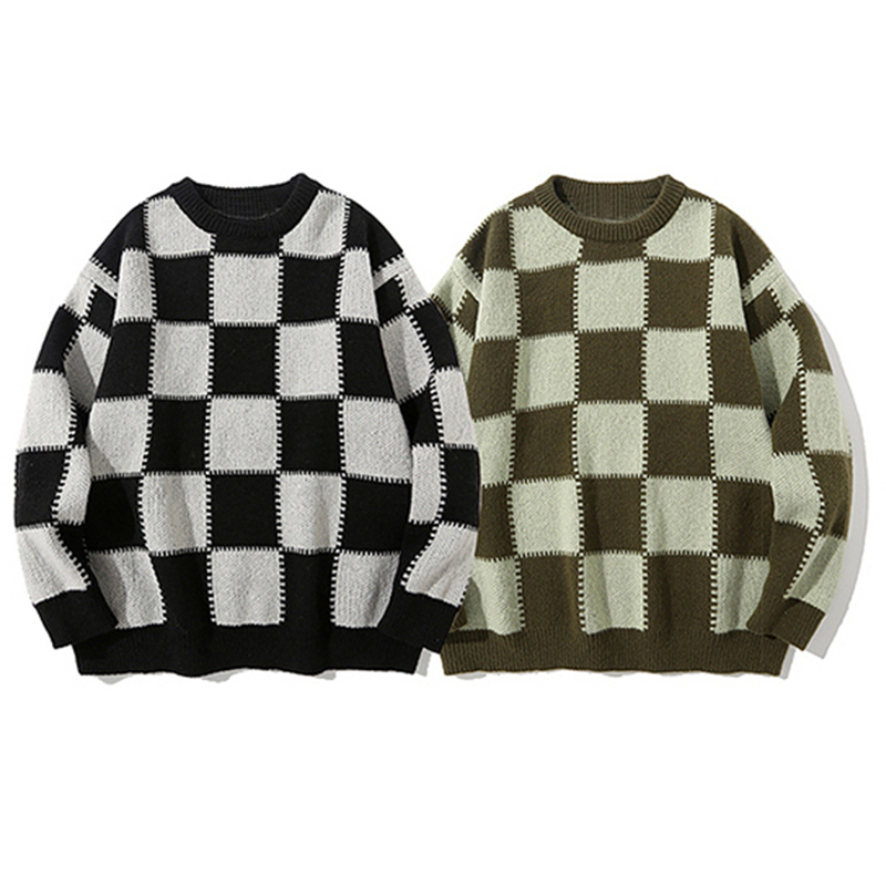 Men's Sweaters Winter High Street Plaid Sweater Vintage Men Pullovers Japanese Style Hip Hop Streetwear Couples Loose Wool Oversized Sweater 2209