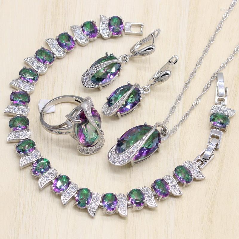 Image of Necklace Earrings Set Mystic Rainbow Cubic Zirconia Silver Color Jewelry Decorations For Women Earrings/Pendant/Necklace/Ring/Bracelet