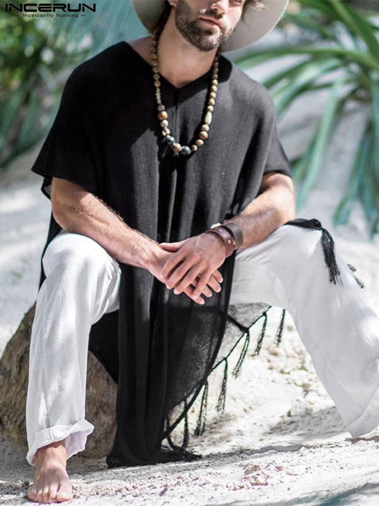 Men's T-Shirts INCERUN Men Irregular T Shirt V Neck Solid Tassel Vacation Short Sleeve Cloak Long Tee Tops Streetwear Casual Camisetas 220906