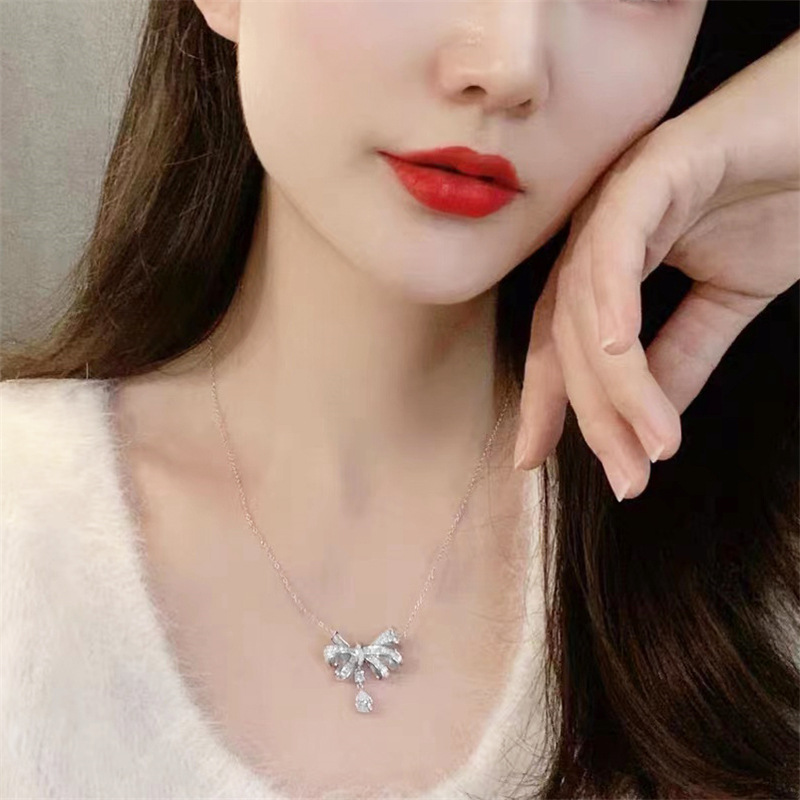 2022 Choucong Brand Bow Necklace Luxury Jewelry 925 Sterling Silver Water Drop White Topaz CZ Diamond Gemstones Party Women Clavicle Chain Pendant Gif