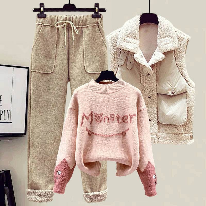 Womens Two Piece Pants Winter Womens Tracksuit Monster Letter Printed Knitted Pullover Sweater Lamb Wool Vest Casual Pants Suit 3 Piece Set 220906