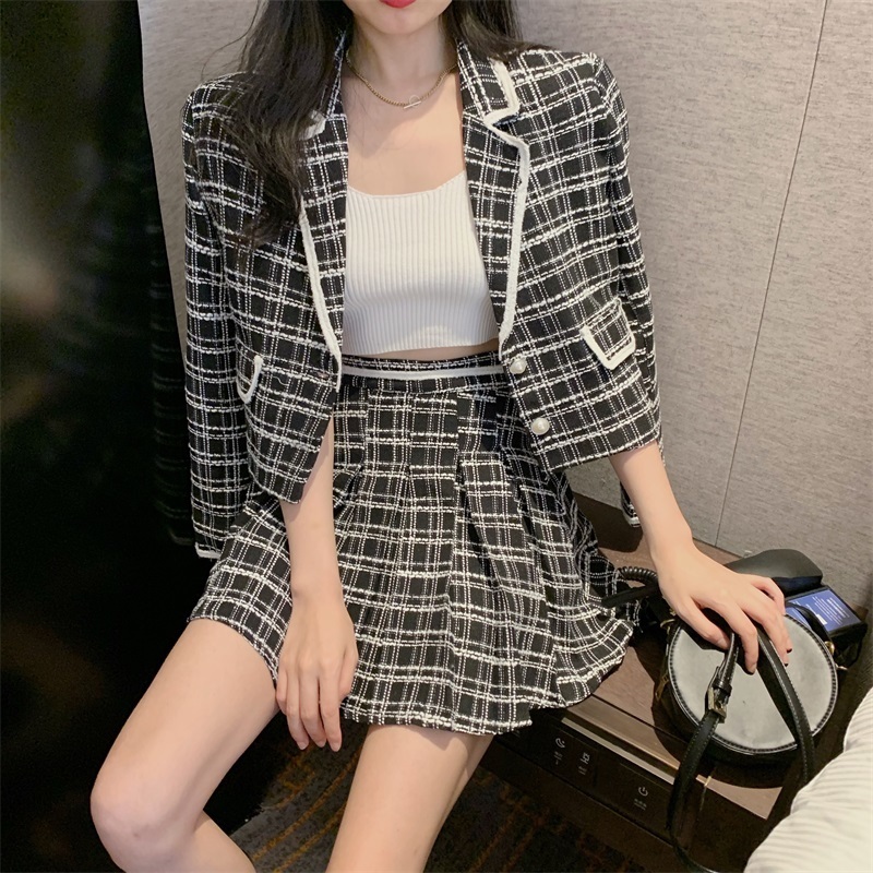 Two Piece Dress Chic Plaid 2 Piece Set Cute Turn Down Collar Candigans Jacket Pearls Button Short Coat Women Aline Pleated Skirts 220906