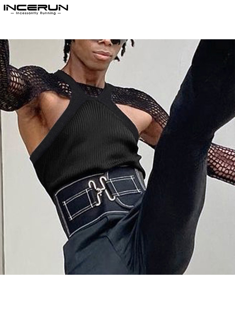 Men's T-Shirts American Style Men Vest T-shirts Suits Male Sexy Leisure Mesh Short Vests Hollow Out Long Sleeve Camiseta S-5XL INCERUN 220906