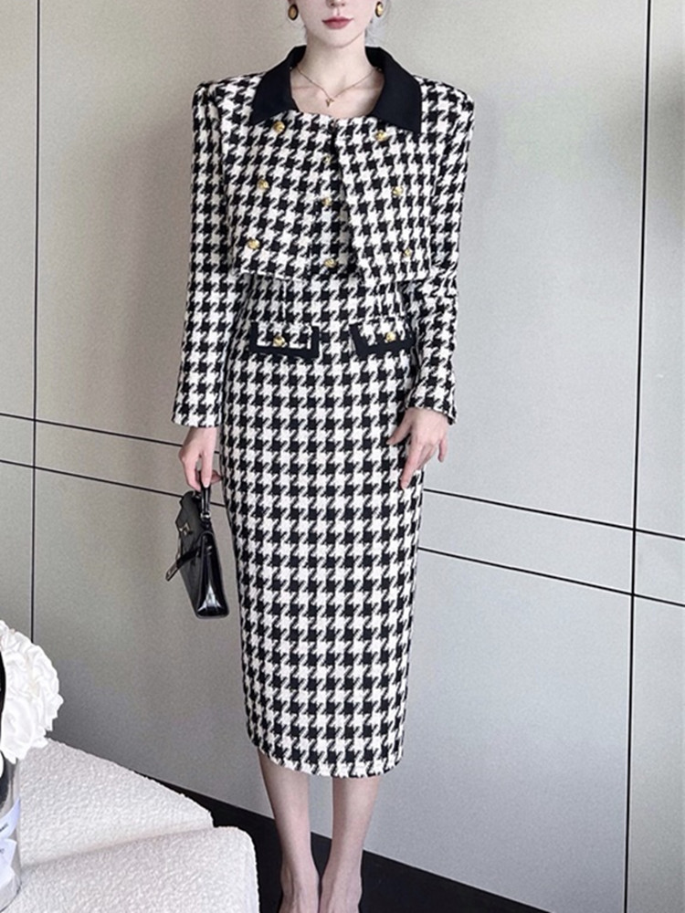 Two Piece Dress Winter Korean Fashion Tweed Dress Two Piece Sets Women Vintage Plaid Cropped Jacket Coat Sexy Strapless Slim Bodycon Dress 220906