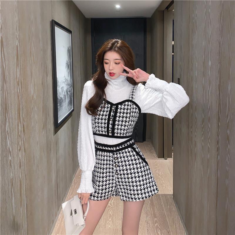 Womens Two Piece Pants Autumn Tweed Houndstooth 3 Piece Set WomenTurtleneck White BlouseVest Tweed Vest Mini Shorts Sets Korean Chic Vintage Suit 2209