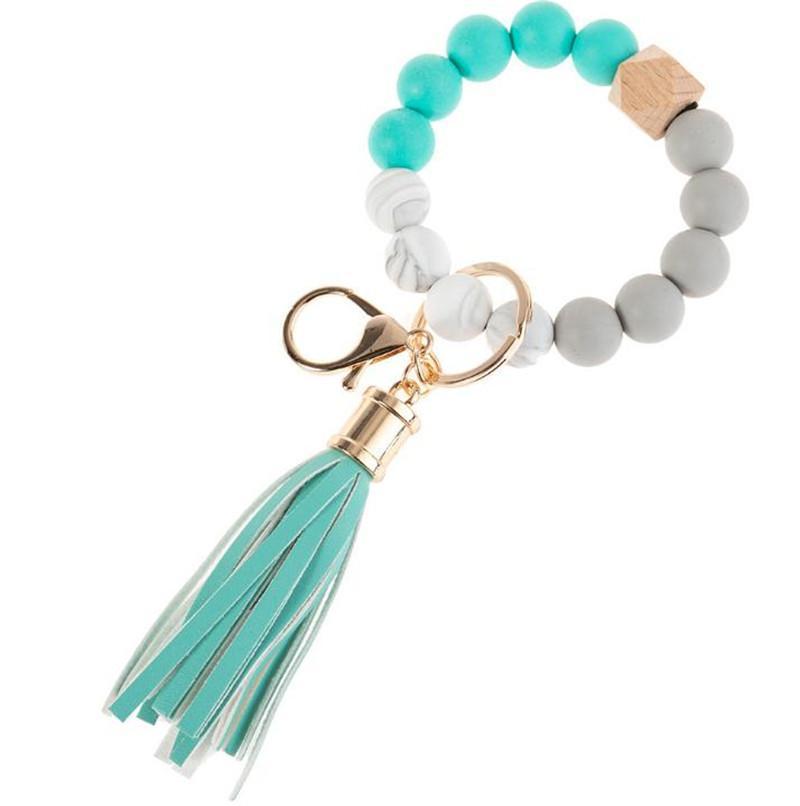 Wholesale Wooden Tassel Bead String Bracelet chain Food Grade Silicone Beads Bracelets Women Girl Key Ring Wrist Strap FY2981