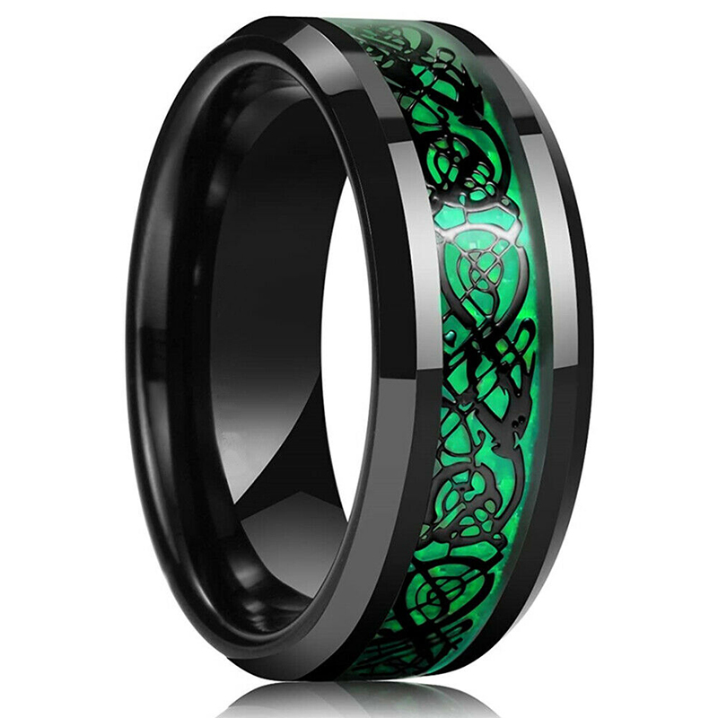 Fashion Black Wedding Rings For Inlaid Zircon Punk Men Stainless Steel Green Carbon Fibre Ring