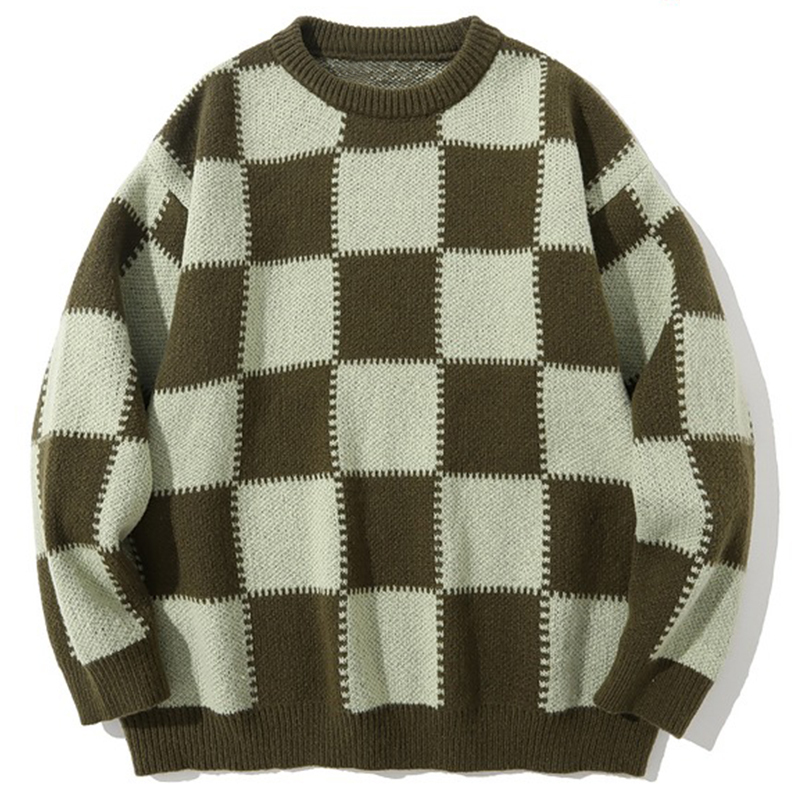 Men's Sweaters Winter High Street Plaid Sweater Vintage Men Pullovers Japanese Style Hip Hop Streetwear Couples Loose Wool Oversized Sweater 2209