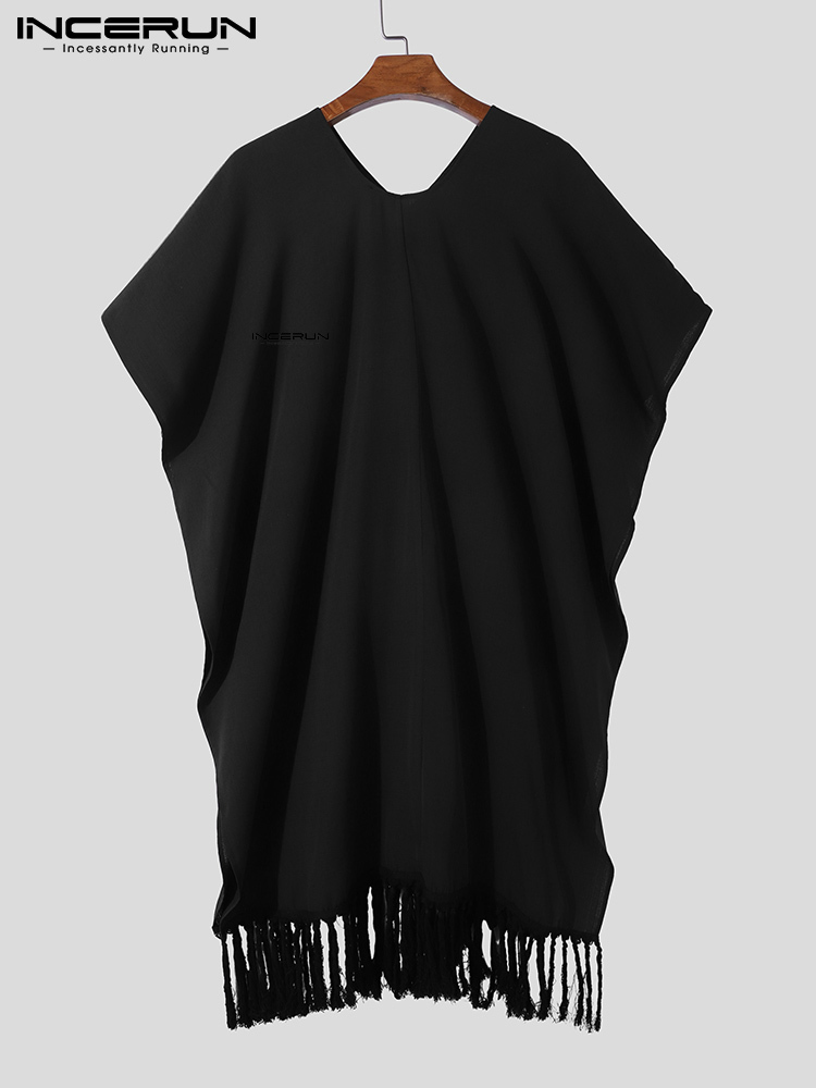 Men's T-Shirts INCERUN Men Irregular T Shirt V Neck Solid Tassel Vacation Short Sleeve Cloak Long Tee Tops Streetwear Casual Camisetas 220906