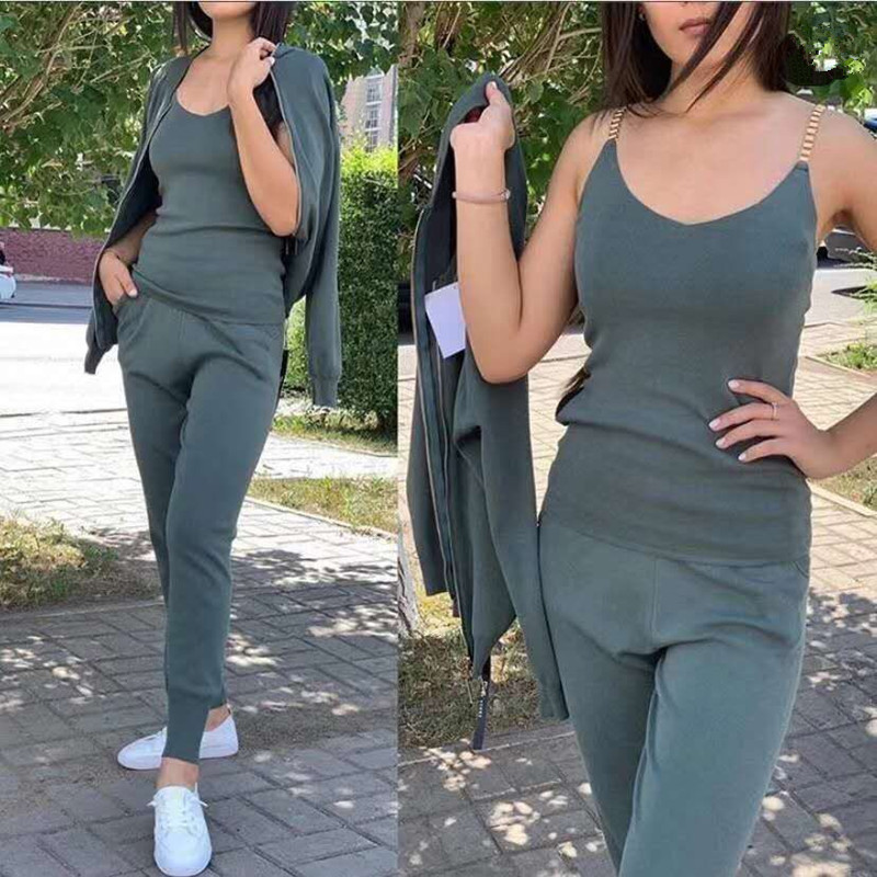 Womens Two Piece Pants Autumn Knitted Women Sest Solid Sexy Vest Long Sleeve Zipper Cardigans Elastic Waist Pants 3pcs Sets Tracksuits Clothes 220906