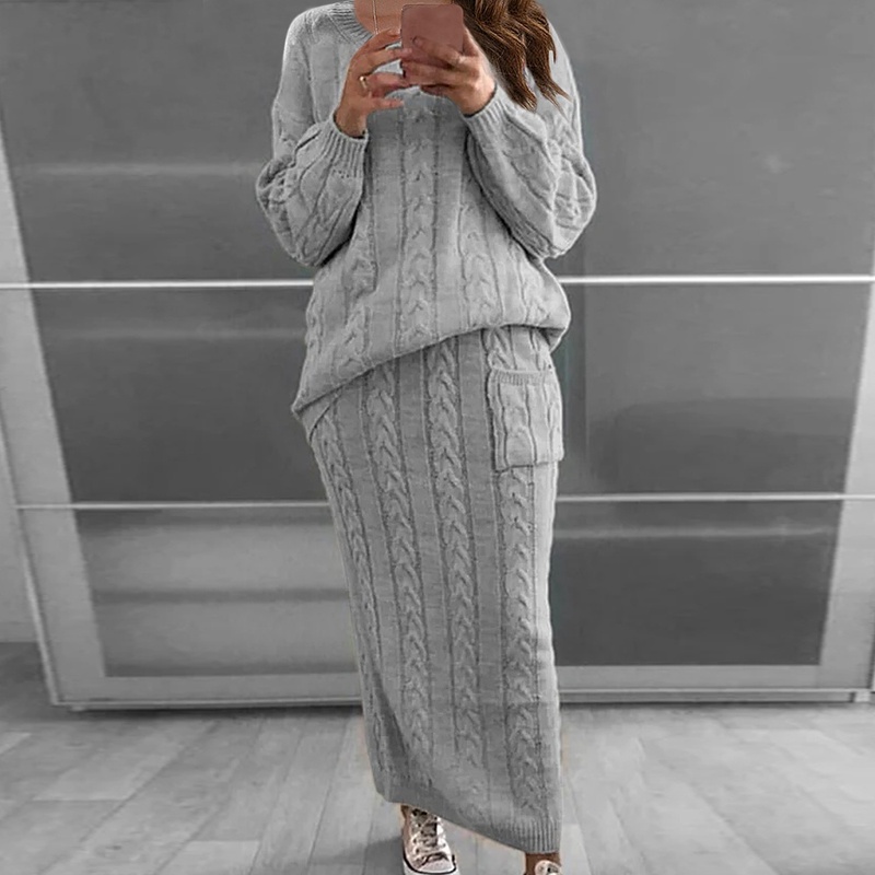 Two Piece Dress Winter Women Knitted 2 Pieces Set Casual Solid Color Long Sleeve Pullovers Sweater TopKnitted Skirts 2PCS Suits Women Warm Sets 220906