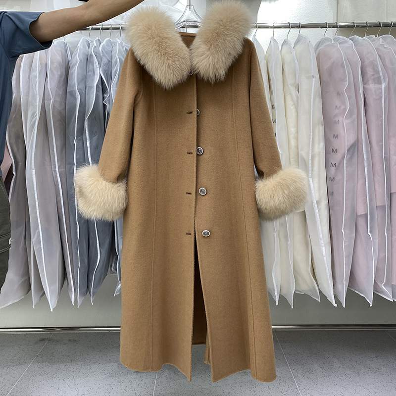 Women's Wool Blends Women Winter Coat Wool Long Cashmere Coat Elegant Fall Korean Real Fur Collar Hooded Women's Double-sided Woolen Coat 22