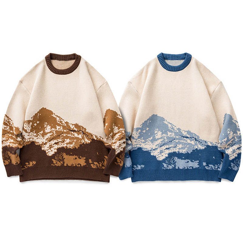 Men's Sweaters Men Hip Hop Streetwear Harajuku Sweater Vintage Japanese Style Snow Mountain Knitted Sweater Winter Casual Pullover Knitwear 22090