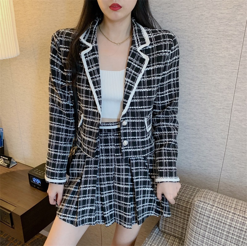 Two Piece Dress Chic Plaid 2 Piece Set Cute Turn Down Collar Candigans Jacket Pearls Button Short Coat Women Aline Pleated Skirts 220906