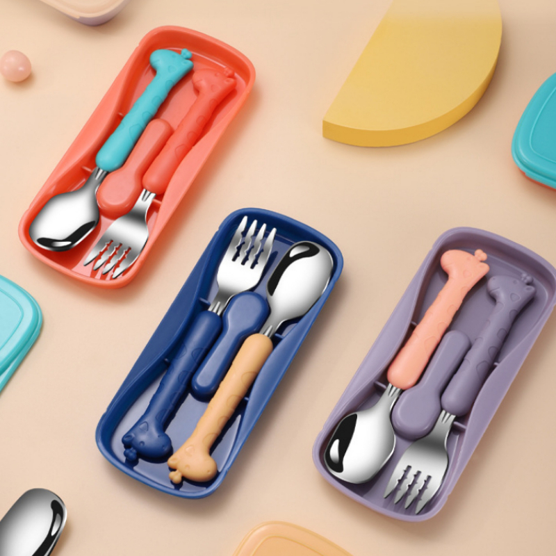 Cups Dishes Utensils Giraffe Infant Food Feeding Spoon Fork Baby Tableware Set Stainless Steel Toddler Dinnerware Cutlery Children Utensil Gadgets 220