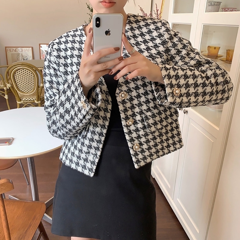 Womens Jackets Korean Casual Plaid Women Jackets Loose Vneck Single Breasted Fashion Houndstooth Fall Jackets Fashion Ladies Coats 220906