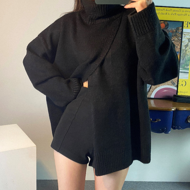 Womens Sweaters Autumn Winter Korean Turtleneck Split Sweater Women Knitted Casual Loose Pullover Jumpers Outwear Sweaters Warm Knitwear 220906