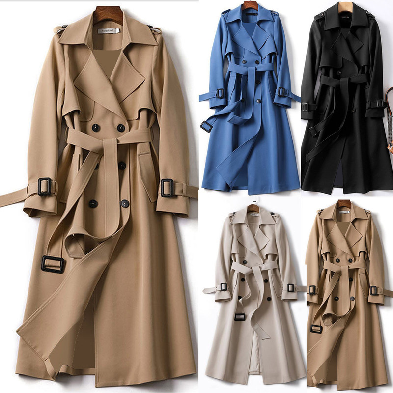 Women's Trench Coats Autumn Elegant Long Women Trench Lace Up Waist Casual Solid V Neck Overcoat Plus Size Long Sleeve Windbreaker Female Trench 