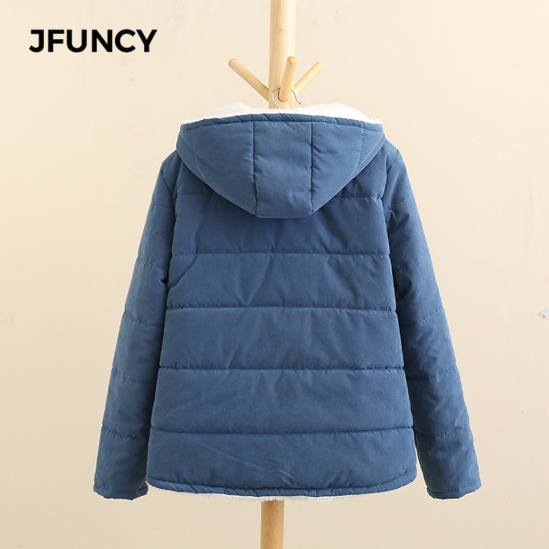 Women's Down Parkas JFUNCY Women Winter Fleece Parkas Coat Korean Casual Jackets Cotton Hooded Windproof Warm Pink Khaki Velvet Coat for Women 22