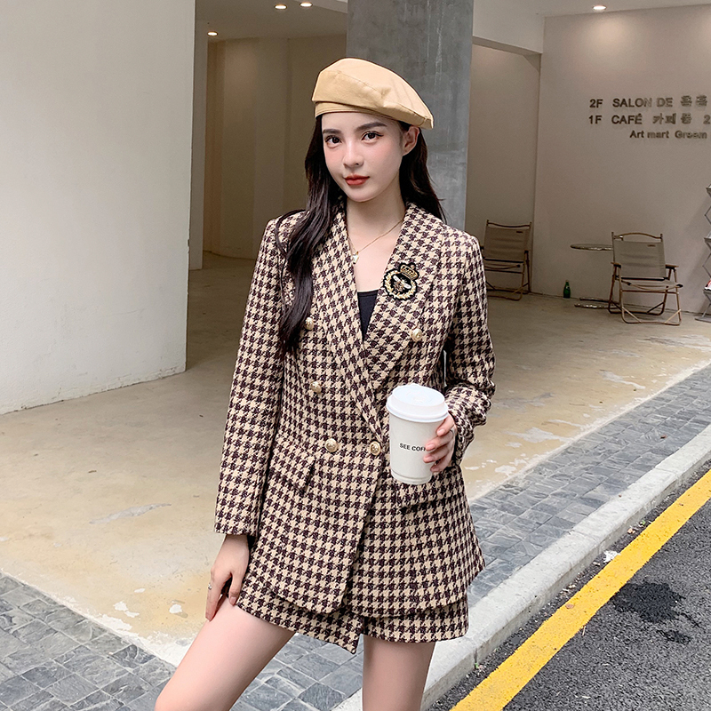 Two Piece Dress French Houndstooth Tweed Two Piece Set Women Vintage Temperament Jakcet Coat Blazer Shorts Suit Female Autumn Winter 220906
