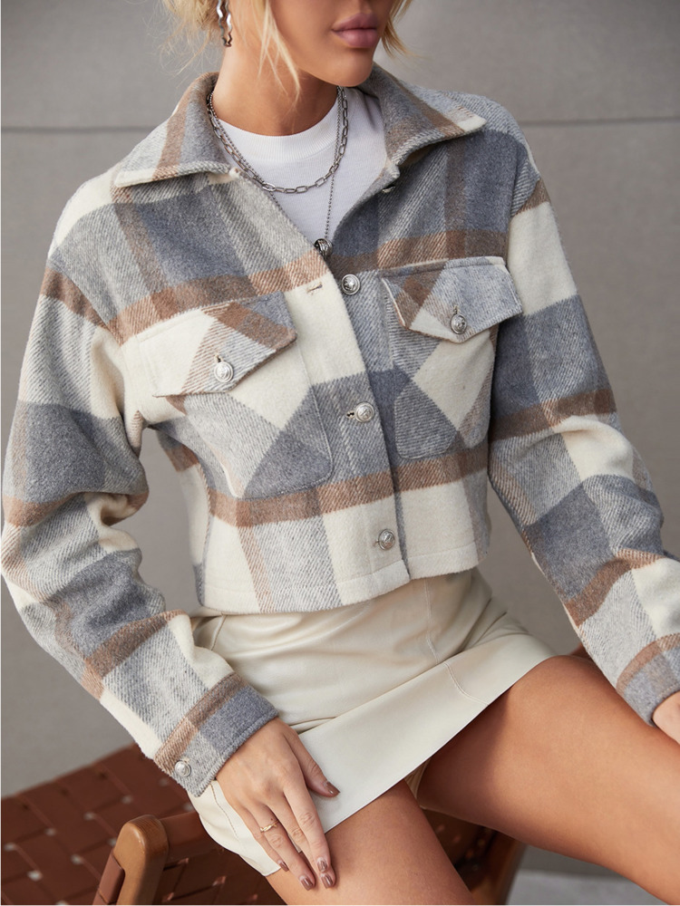 Women's Wool Blends SRUBY Winter Jackets Women Coat Lapel Plaid Single-breasted Woolen Short Coat Autumn Plaid Print Drop Shoulder Crop Overcoat 
