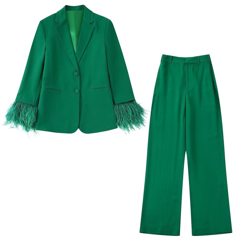 Womens Two Piece Pants WXWT Green Womens Sets Fashion Feathers Long Sleeve Straight Blazer And High Waist Wide Leg Long Pants Autumn BB22949 220906