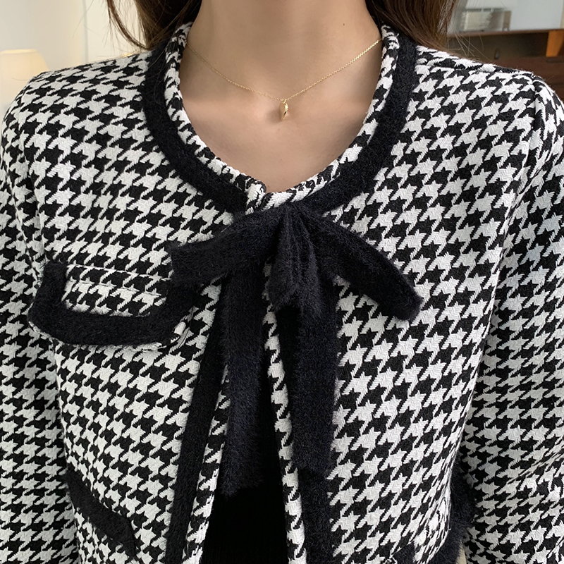 Two Piece Dress Vintage Houndstooth Woolen Suit Women Elegant Plaid Bowknot Crop Top Jacket MIni Boycon Skirt Set 2 Piece Outfit Tracksuit 220906