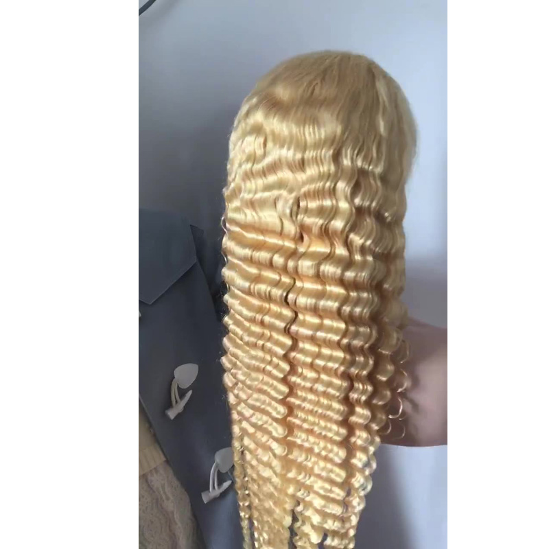 Brazilian Peruivan Indian 13X4 Lace Front Wig 613# Deep Curly Weave Malaysian Virgin Human Hair Blonde Color 16-42inch 180% Density