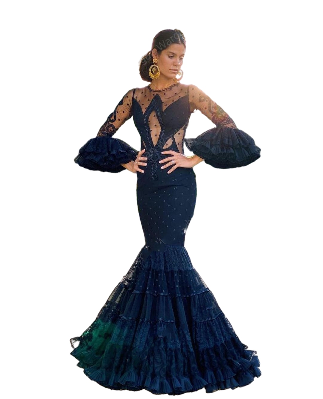 Black Polka Dots Tulle Mermaid Prom Dresses Women Spanish Flamenco Style Long Sleeve Illusion Mesh Evening Dress