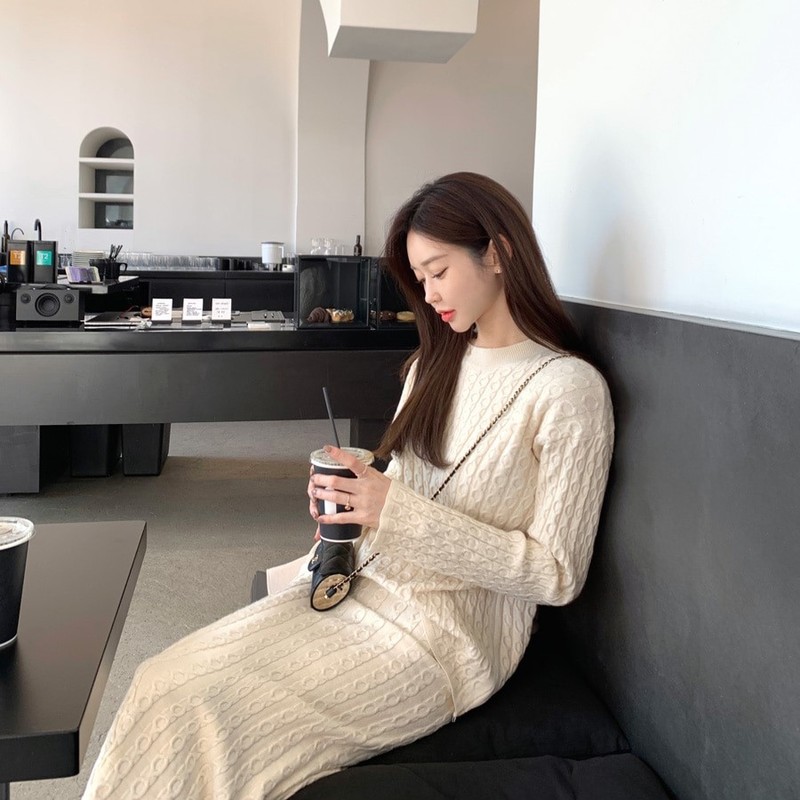 Two Piece Dress Korean Knitted Suit Women Long Sleeve Casual Loose Pullover Sweater High Waist Bodycon Skirt Sets Quality 220906