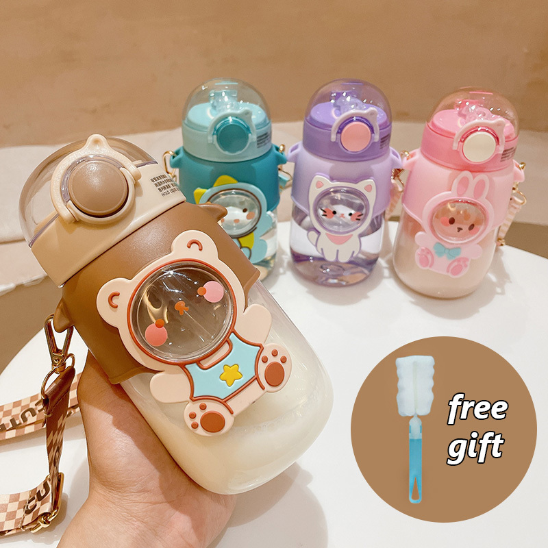 Cups Dishes Utensils Children Water Bottle Cartoon Plastic Straw Cup Straps Handles Portable Outdoor Travel School Large Capacity Drinking Bottles 220