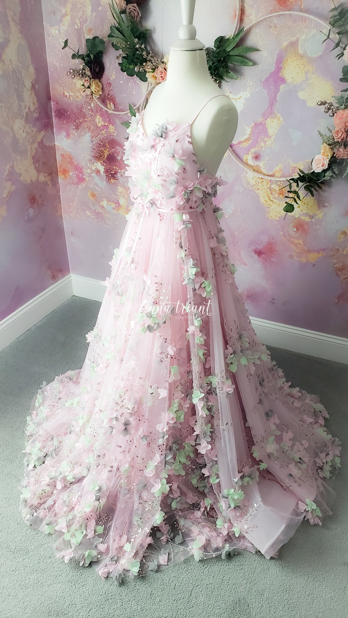 3D Floral Flower Girl Dresses Pink Sequined Long A Line Pageant Gowns For Photoshoot Tulle Boho First Communion Dress