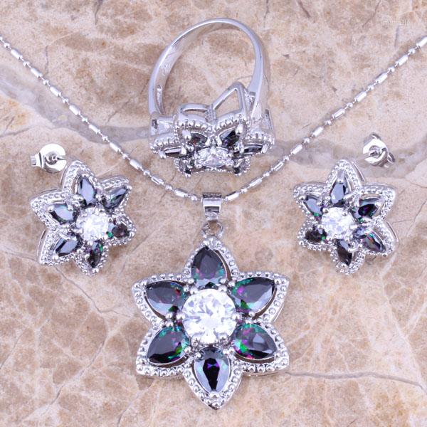 Image of Necklace Earrings Set Shiny Rainbow Cubic Zirconia White CZ Silver Plated Pendant Ring Size 6 / 7 8 9 10 S0433