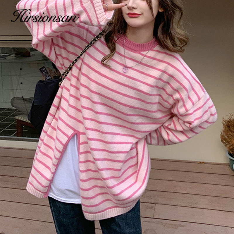 Womens Sweaters Hirsionsan Autumn Stripe Oneck Knit Women Loose Simple Split Female Korean Fashion Soft Warm Pllover Tops 220906