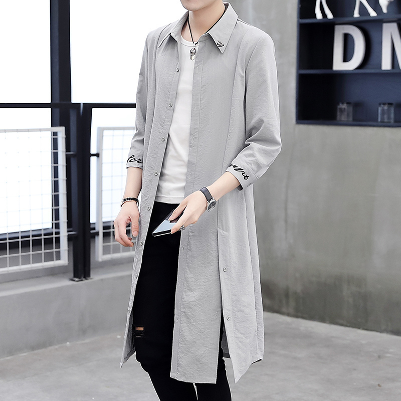 Men's Trench Coats Men's mid-length windbreaker jacket and over-the-knee coat Chinese style men's road robe cardigan with sleeves and H
