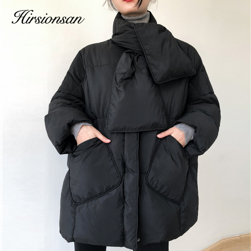 Womens Down Parkas Hirsionsan Ultra Light Women Winter 90% White Duck Jacket Korean Loose Puffer Fluffy Coat with Scarf Female Feather 220906