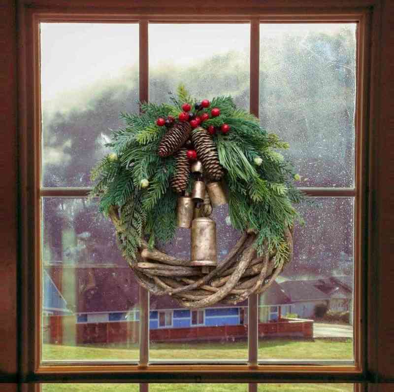 Decorative Flowers Wreaths Rustic Christmas Wreath Rattan Pine Cone Garland Farmhouse Decoration With Bell Front Door Decor Hanging Garland New Year G
