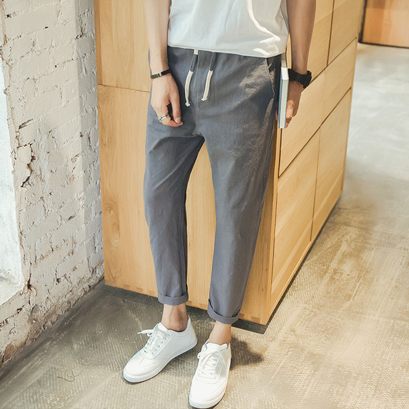 Men's Pants FOJAGANTO Summer Korean Style Linen Slim Casual Calf Length Fashion Light Thin Solid Color Male 220907