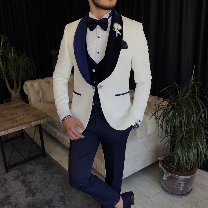 White And Navy Wedding Tuxedos Suit Peaky Blinder Velvet Vest Three Pieces Groom Suits 2024 Formal Dinner Party Bussiness Wear Suit Groomsmen Clothoes