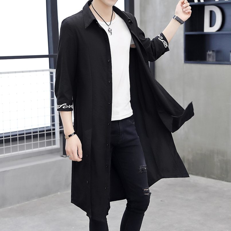 Men's Trench Coats Men's mid-length windbreaker jacket and over-the-knee coat Chinese style men's road robe cardigan with sleeves and H