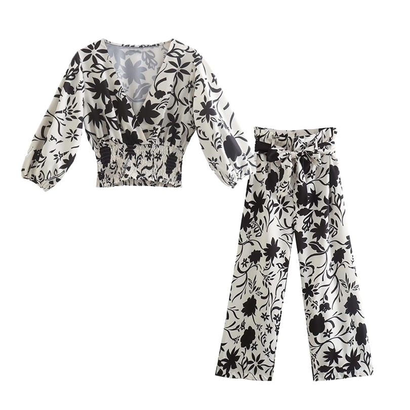 Womens Two Piece Pants Suits 2 Set Elegant Chic Women Printed Slim Fit VNeck High Waist Casual Vacation Youth 220906